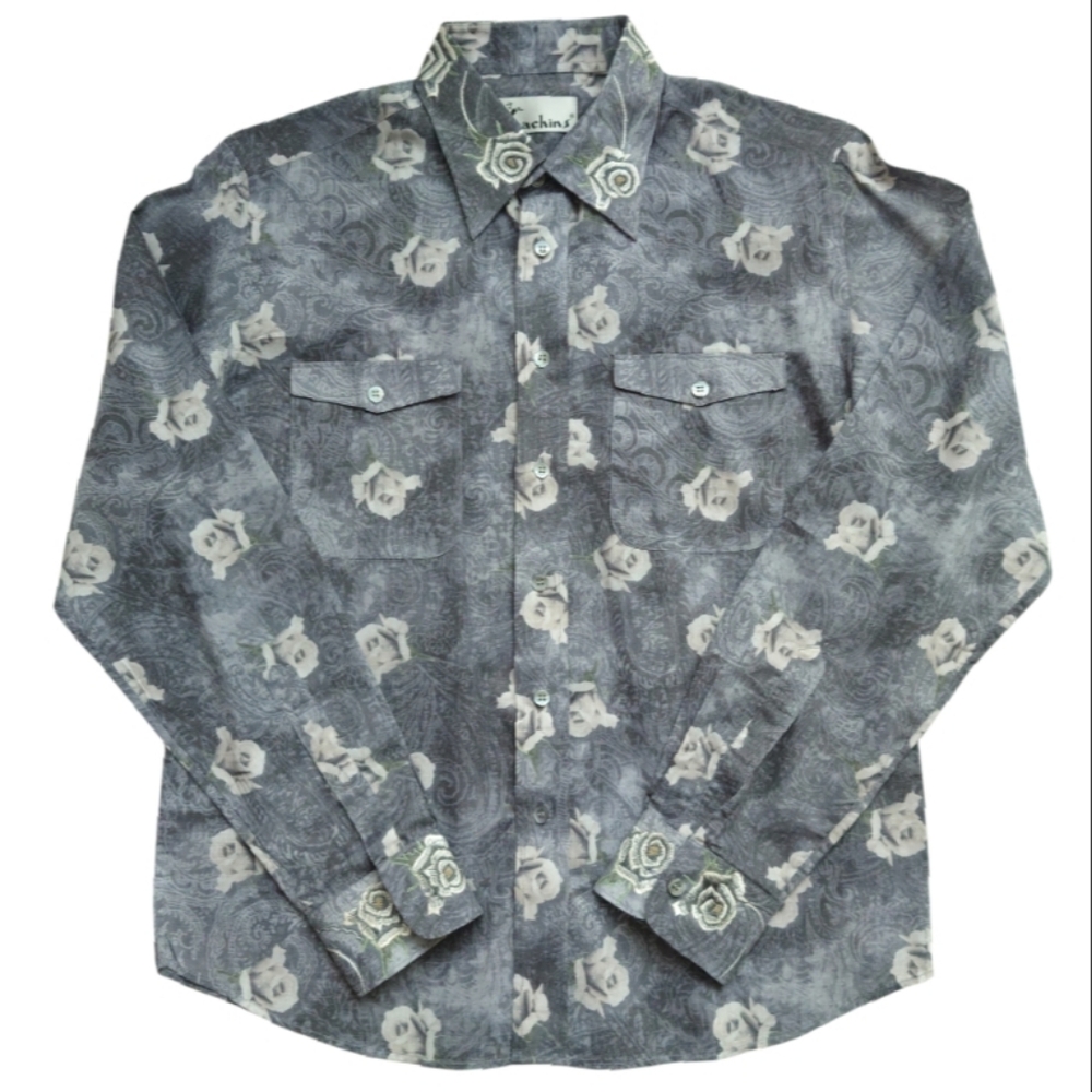 KACHINS Cotton Shirt Long Sleeves Custom Made Floral Paisley Gray Men's
